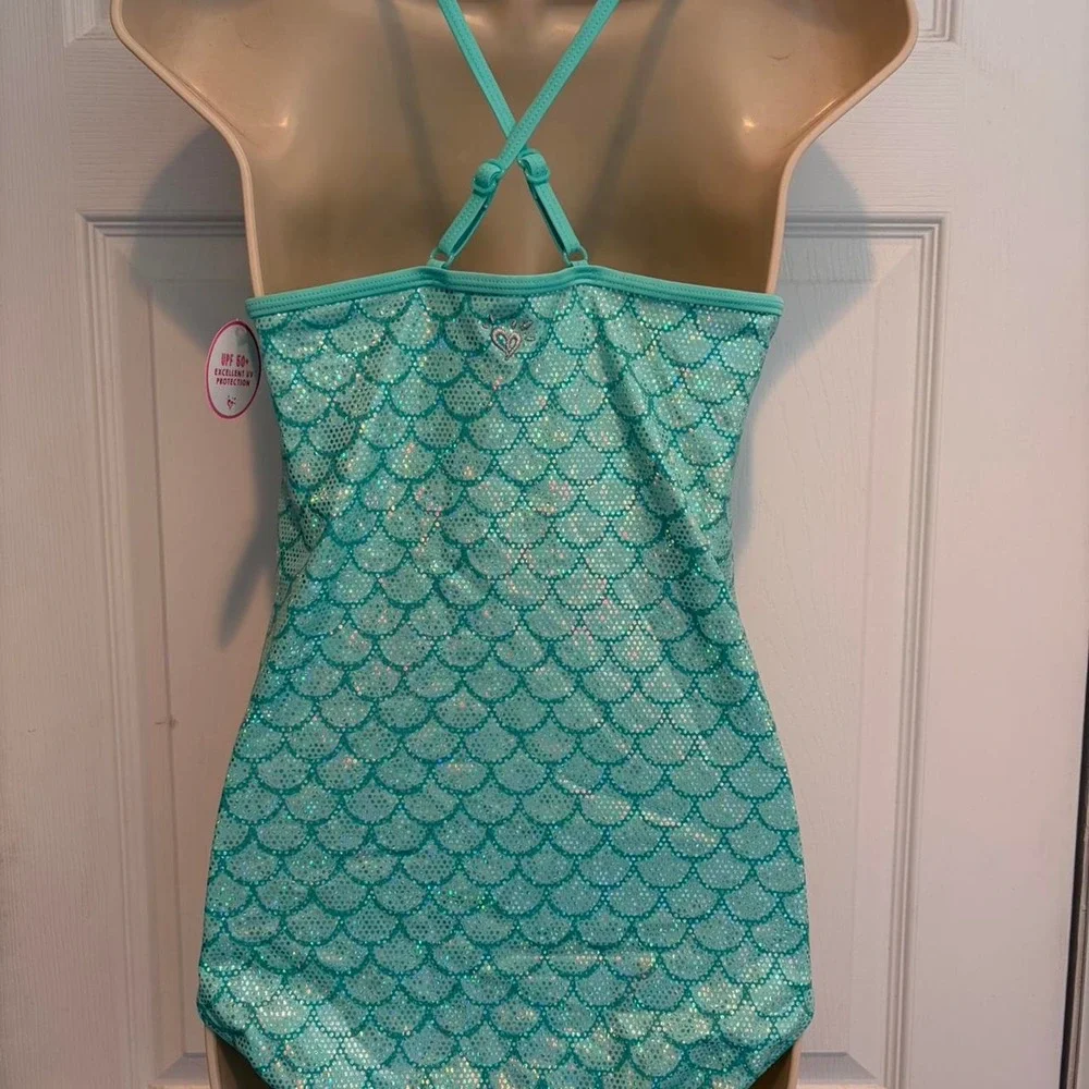 Justice Mermaid Scale One Piece Swimsuit Girls 20 NWT Aqua Glitter Y2K Fairy